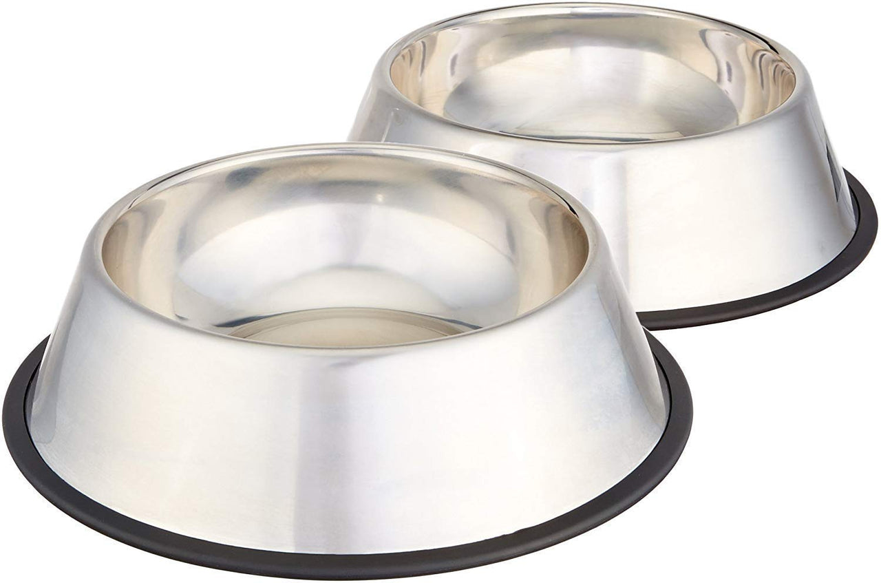 Basics Stainless Steel Non-Skid Pet Dog Water And Food Bowl, 2-Pack (10 x 2.8 Inches), Each Holds Up to 4 Cups