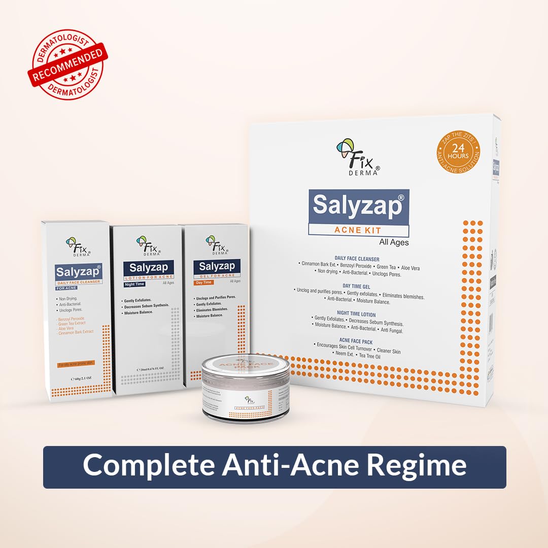 Fixderma Salyzap Acne Kit, Acne Kit for Face, Acne Control Kit, Complete Skincare Regimen for Acne and Dark Spots, Includes Salyzap Facewash, Day time gel, Night time gel and Face pack,