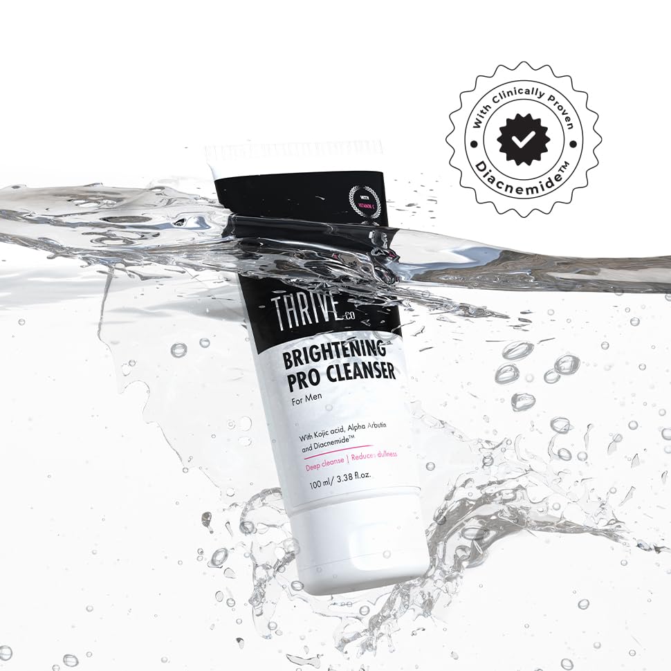 ThriveCo Brightening PRO Cleanser for Men with Probiotic Rice Water, Vit C, Kojic Acid, Alpha Arbutin & Glutathione | Anti-ageing Face Wash, Boosts Collagen, Clears Skin & Removes Dark Spots | 100ml