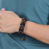 DHQH Triple Protection Bracelet Natural Black Obsidian Tigers Eye Hematite 8-10mm Beads Handmade Bracelet- Healing Crystal Bracelet Bring Luck Prosperity and Happiness F-Three-layer Bracelet