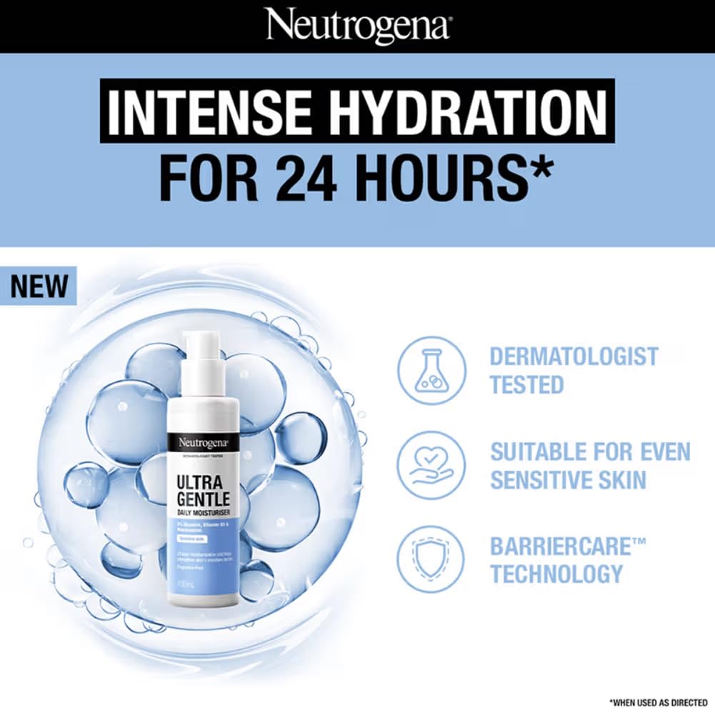 Neutrogena Ultra Gentle Daily Moisturiser | Oil Free | Glycerine, Niacinamide & Vitamin B5 | Light Weight & Non Greasy | Dry & Sensitive Skin | 100ml