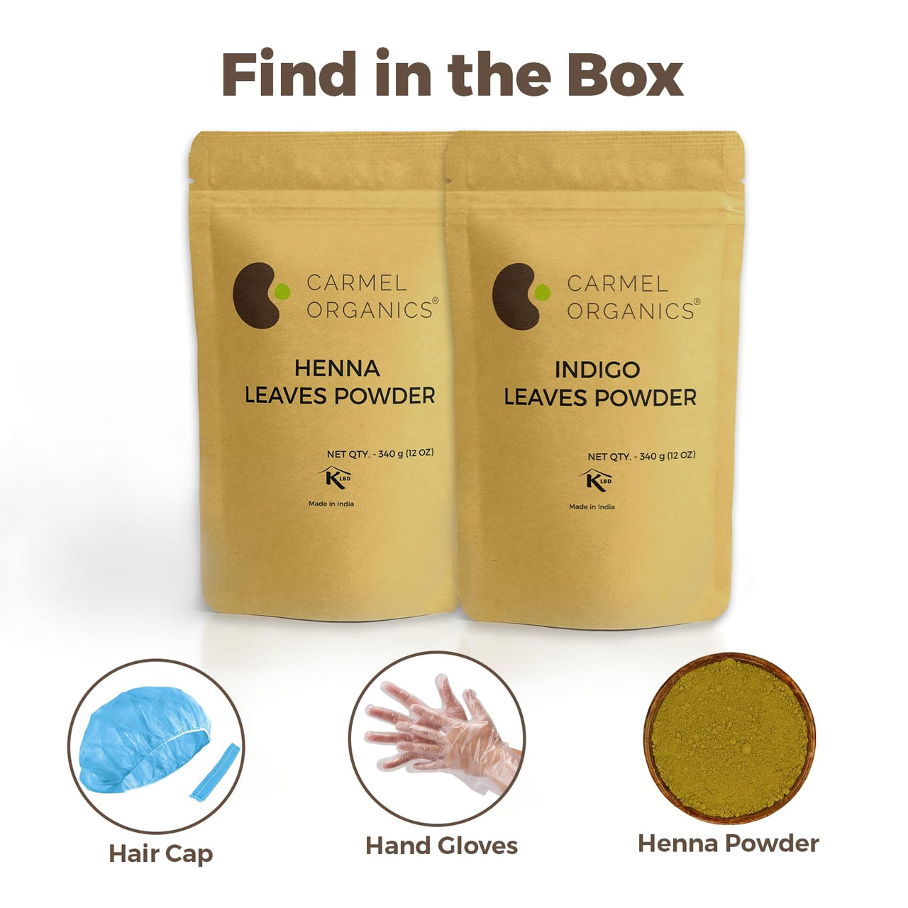 CARMEL ORGANICS Hair Color Henna & Indigo Leaves Powder Combo (340gm Each) | No Added Preservative and Additives | Non-GMO | Made By Pure And Natural Dried Leaves