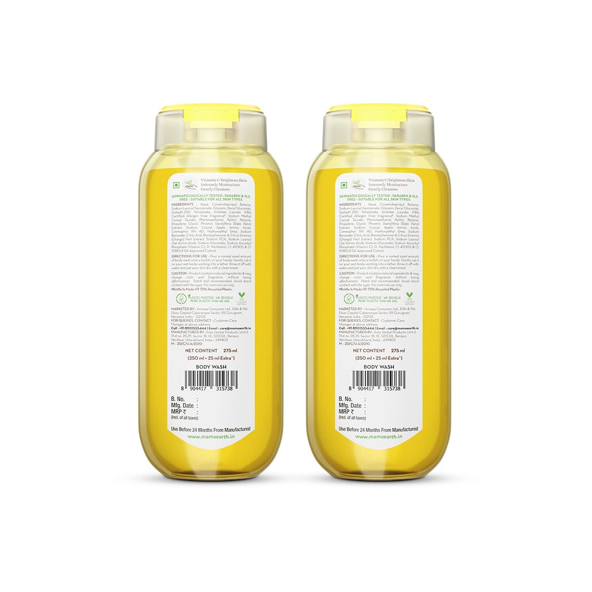 Mamaearth Vitamin C Moisturizing Body Wash with Vitamin C & Refreshing Lemon Scent for Skin Illumination- 275ml | Deeply Cleanses | Intensely Moisturizes | Long-Lasting Fragrance | Radiant Glow | All Skin Types (Pack of 2)