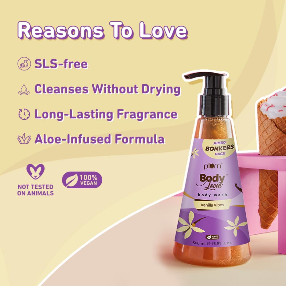 Plum Bodylovin' Vanilla Vibes Body Wash | SLS-Free Creamy Body Wash for Women | Shower Gel with Long Lasting Vanilla Fragrance | Aloe-Infused Nourishing Body Cleanser for Soft & Smooth Skin - 500ml