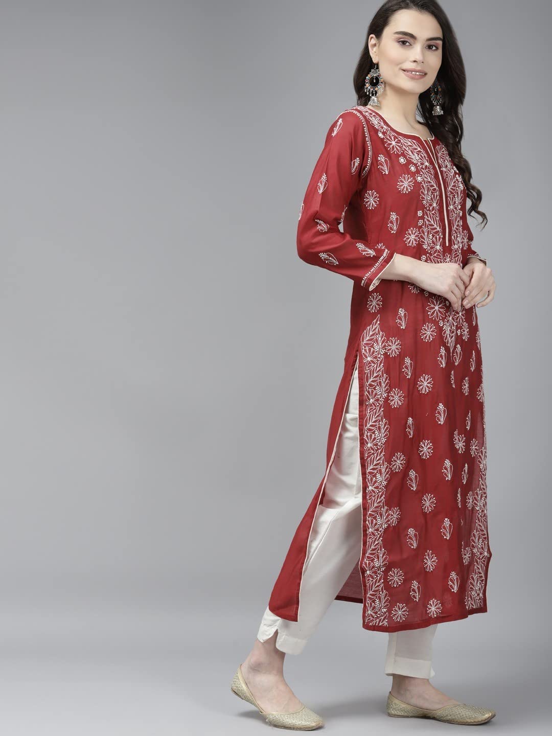 Ada Hand Embroidered New Lucknowi Chikankari Chanderi Kurta Kurti for Women A411175