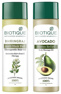 Biotique Bio Bhringraj Fresh Growth Therapeutic Oil, 120ml & Biotique Bio Cado Avocado Stress Relief Body Massage Oil, 200ml