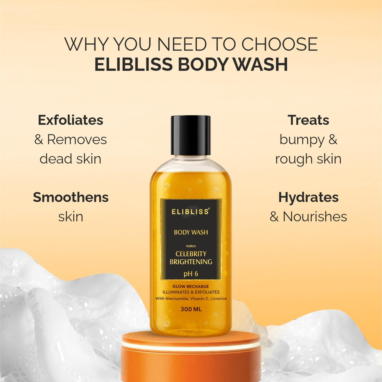 Elibliss Celebrity Brightening Glow Recharge | Feel Glamorous Deeply Nourishing Body Wash | pH 6 Balanced Formula | With Vitamin C, Niacinamide, Ceramides & Hyaluronic 300ml Each