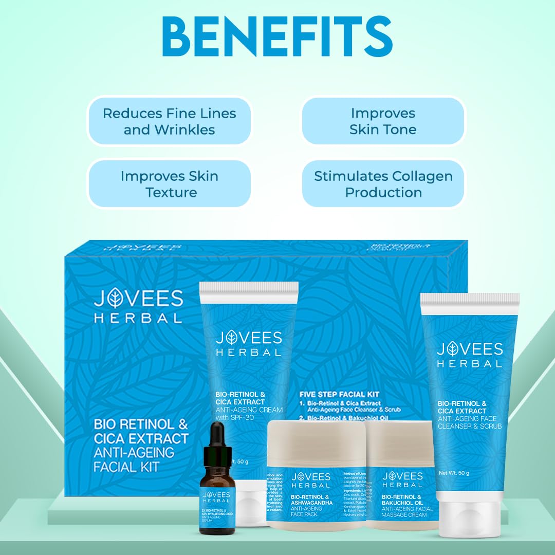 Jovees Herbal Bio Retinol & Cica Extract Anti Ageing Facial Kit For Ageing, Wrinkles, Fine Lines & Dark Spots With Bakuchiol Oil | 5 Step Facial Kit For All Skin Types 215g