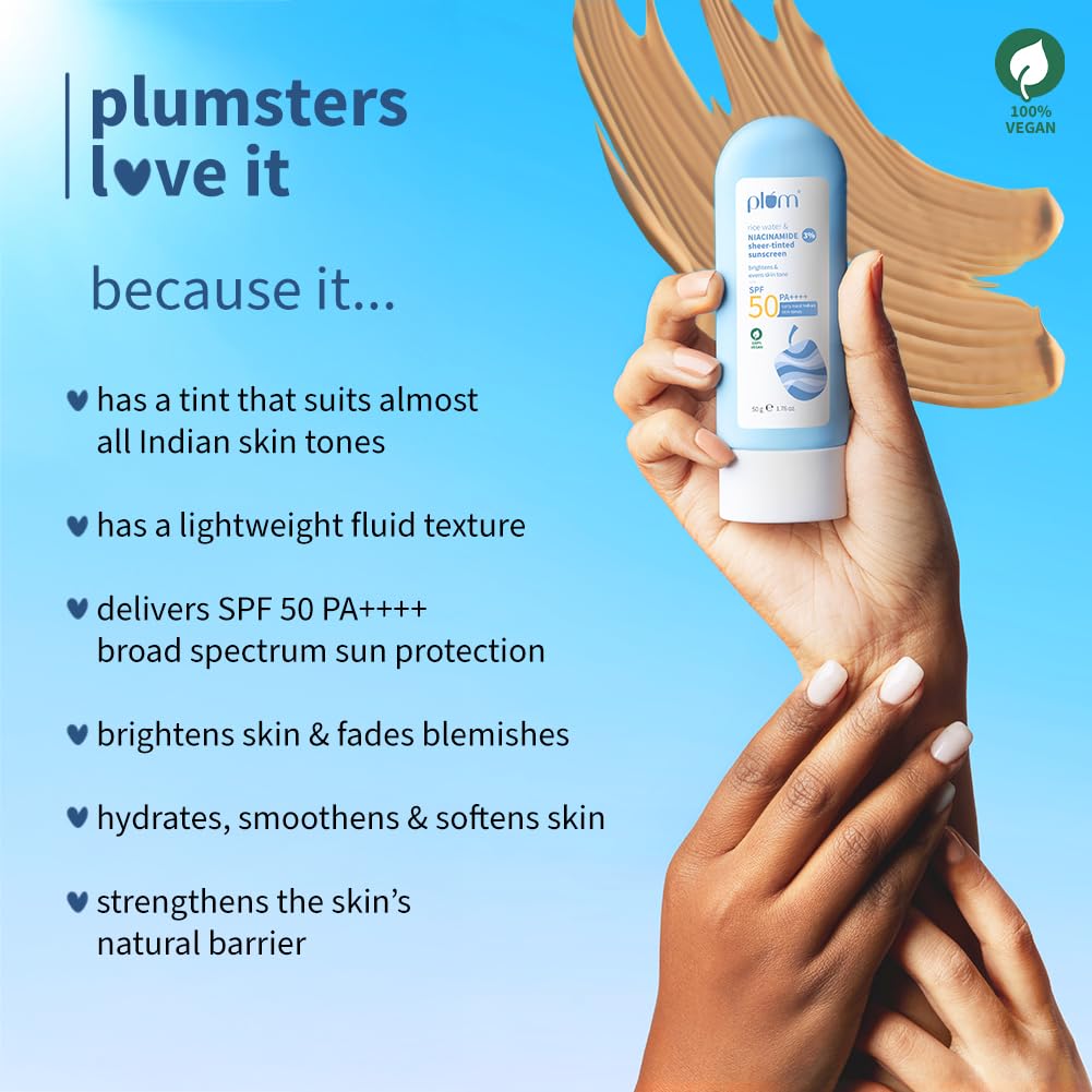 Plum Rice Water & 3% Niacinamide Sheer-Tinted Sunscreen SPF 50 PA++++ | Suitable for Most Indian Skin Tones | Sheer Coverage | Non-Oily | Women | Fragrance-free | 100% Vegan | 50gm