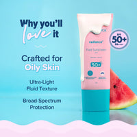 Aqualogica Radiance+ Oil Control Fluid Sunscreen for Oily Skin - 50 g | Ultra-Light Fluid Texture | SPF 50+ PA++++ UVA & UVB Protection | Oil Free | Controls Excess Oil | Non Greasy | No White Cast | For Men & Women