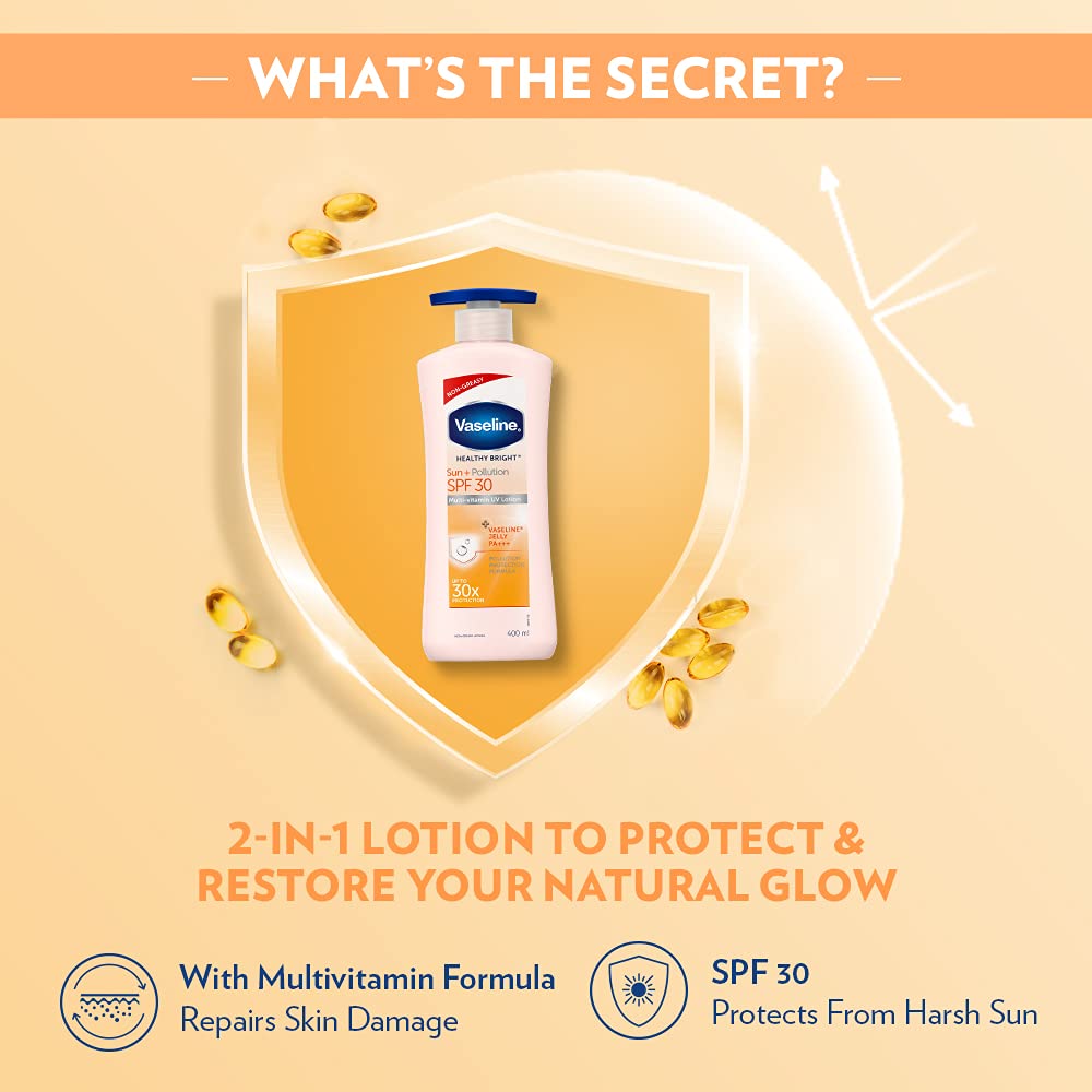 Vaseline Healthy Bright Sun Protection Body Lotion SPF 30 400 ml, Daily Moisturizer for Dry Skin, Gives Non-Greasy Glowing Skin - For Men & Women (Pack of 2)