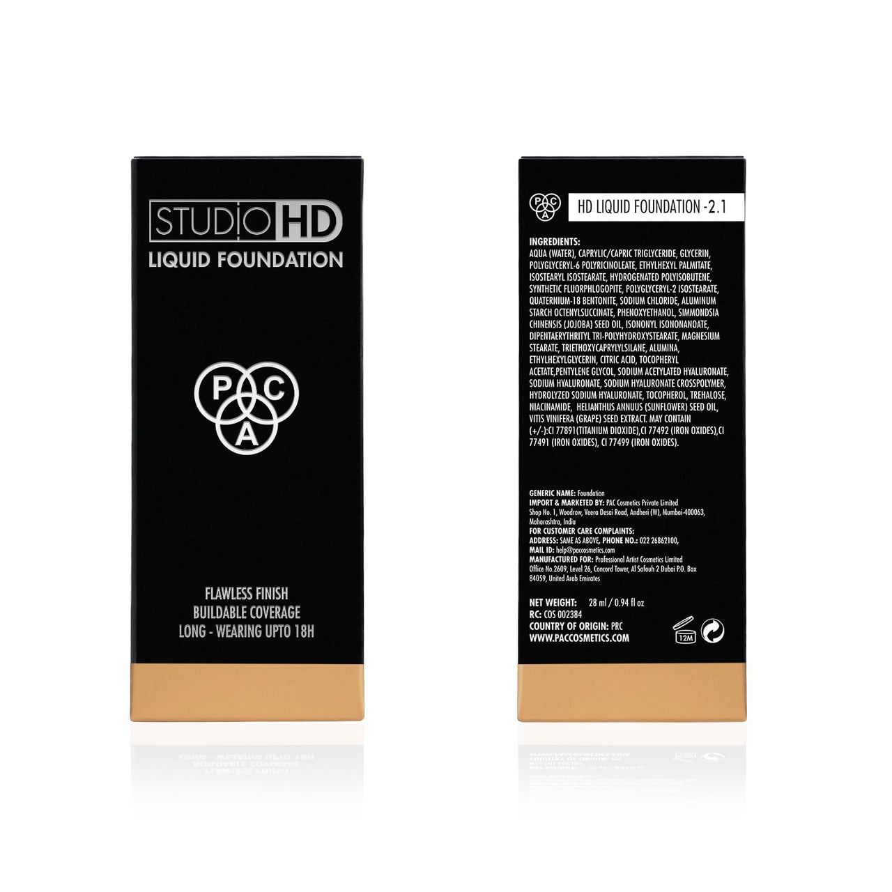 PAC Studio HD Liquid Foundation (2.1) | Lightweight Dewy Satin Finish | Medium to Buildable Coverage | Natural Second Skin like Finish | Suitable for all Skin Types - 28ml