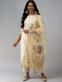 INDO ERA Women's  Cream Solid Viscose Straight Kurta Trouser With Dupatta Set