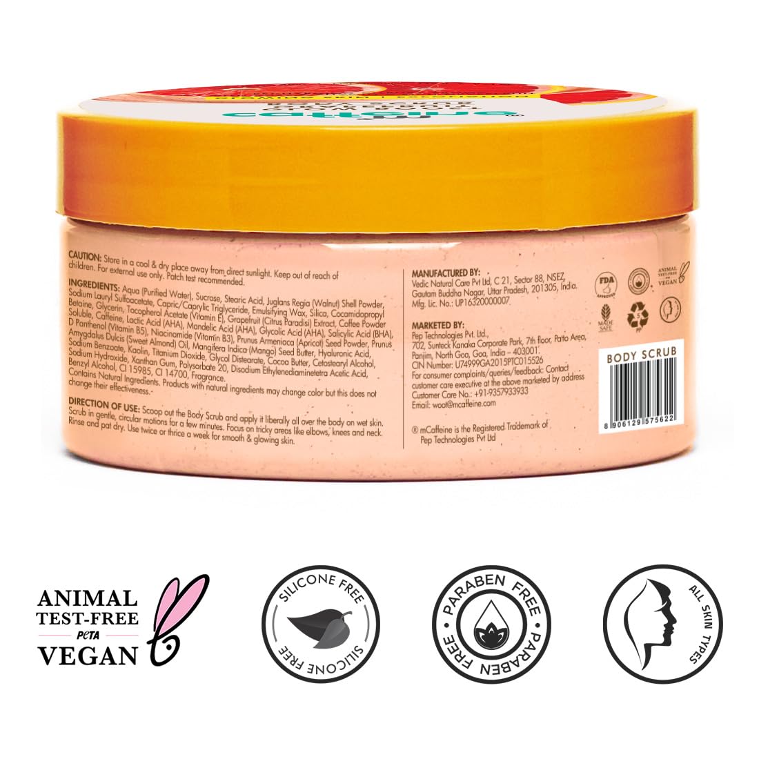 mCaffeine Glow Boost Grapefruit Body Scrub | Tan Removal | AHA- Lactic & Glycolic Acid, Niacinamide | Vitamin C Rich Grapefruit for Glowing, Soft & Smooth Skin | Remove Dry, Dead Skin | Fruity Grapferuit Aroma - 175g