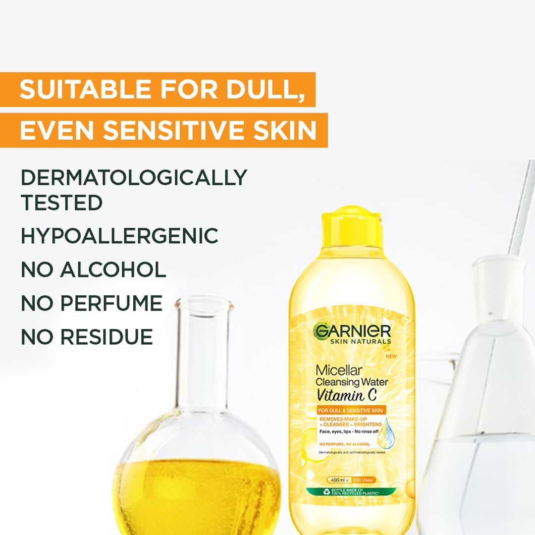 Garnier Vitamin C Micellar Cleansing Water - Anti Pollution Gentle Cleanser For Bright Skin, Dermatologically Tested, Vegan, Suitable For Dull Skin, For Men & Women, Remove 100% Dirt, Pollution, 400ml