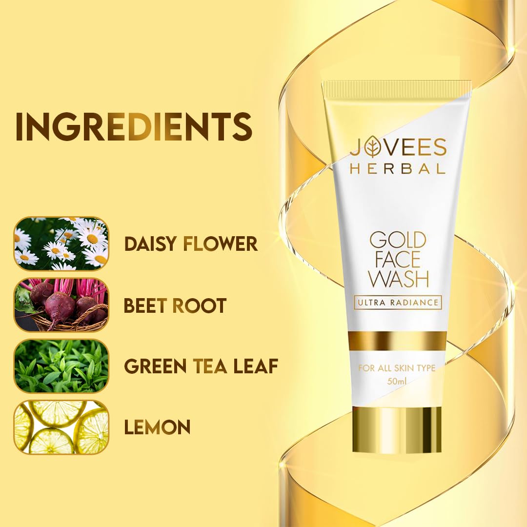 Jovees Herbal Ultra Radiance Gold Face Wash Gives Clear, Nourished & Hydrated Skin, Reduce Dark Spot And Improves Skin Texture | For All Skin Types 50ml