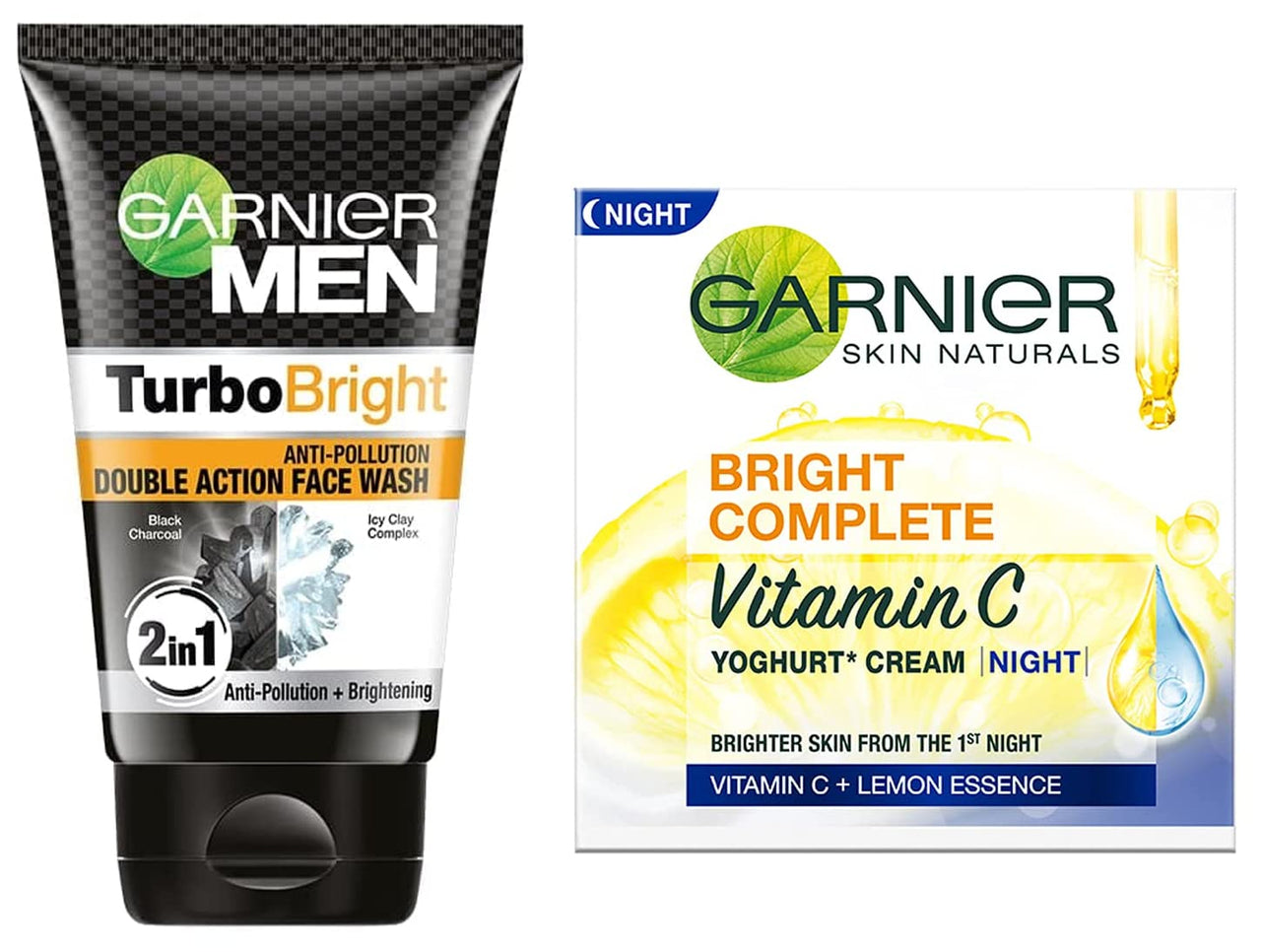 Garnier Men, Face Wash, Brightening & Anti-Pollution, TurboBright Double Action, 100 g (SYMDF100) & Garnier Bright Complete VITAMIN C YOGHURT Night Cream, 40g