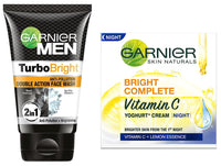 Garnier Men, Face Wash, Brightening & Anti-Pollution, TurboBright Double Action, 100 g (SYMDF100) & Garnier Bright Complete VITAMIN C YOGHURT Night Cream, 40g