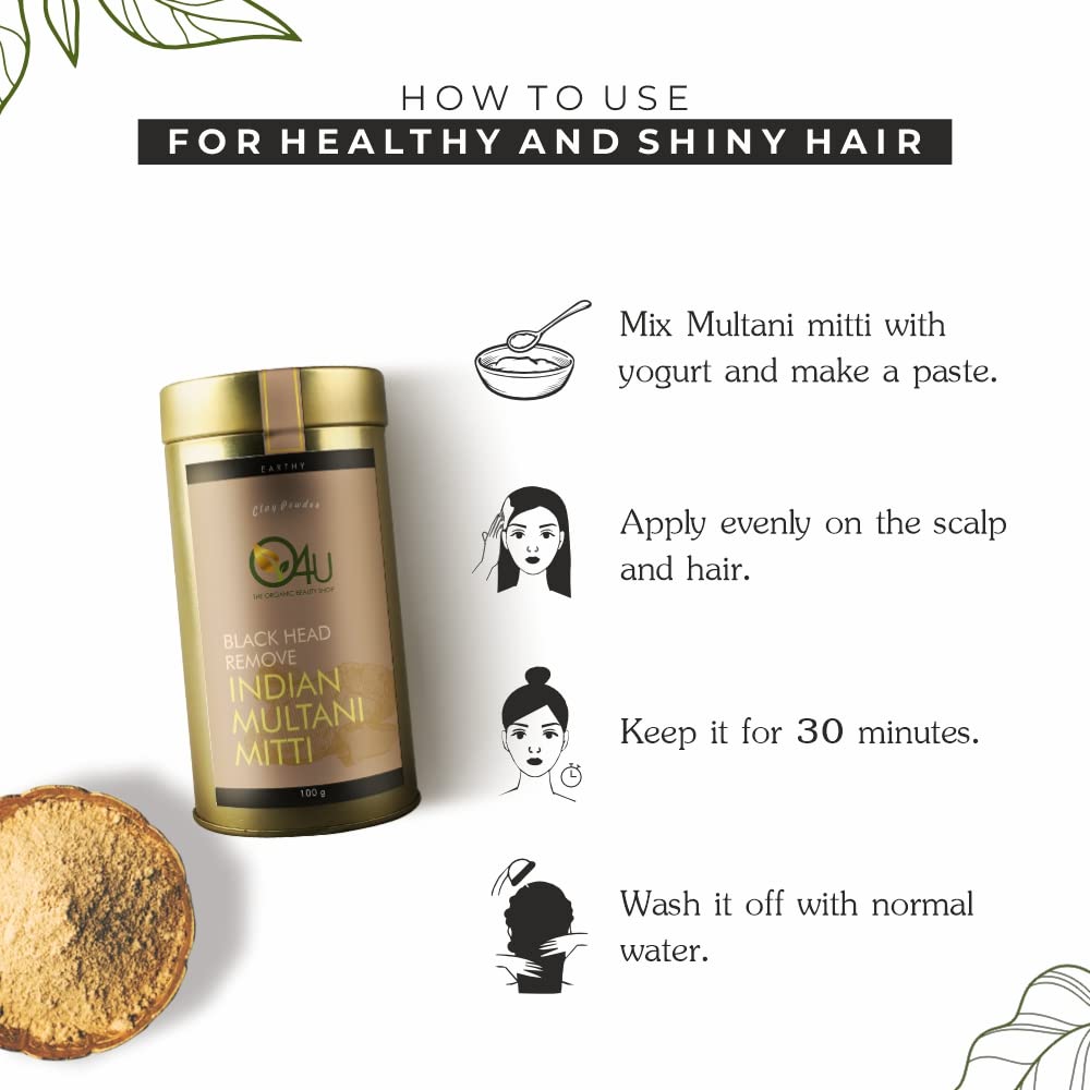 O4U Indian Multani Mitti Powder for Black Head Removal, Oil Control, Naturally Glowing Skin, Soft & Silky Hair, Dandruff Clearance | USDA Certified, 100% Pure & Organic | (100g)