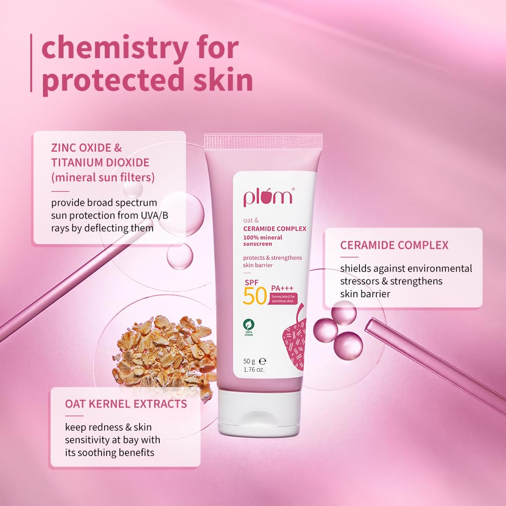 Plum Oat & Ceramide Complex100% Mineral Sunscreen | SPF 50 PA+++ | For Sensitive Skin | Strengthens Skin Barrier | Sun Protection From UVA/B Rays | Lightweight, Non-Oily | Men & Women | 50g