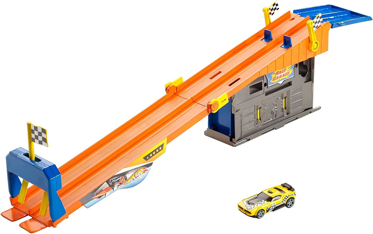 Hot Wheels Rooftop Race Garage Playset, Race to the Finish Line then Pull Into the Garage for a Tune-up with the Rooftop Race Garage! , Orange
