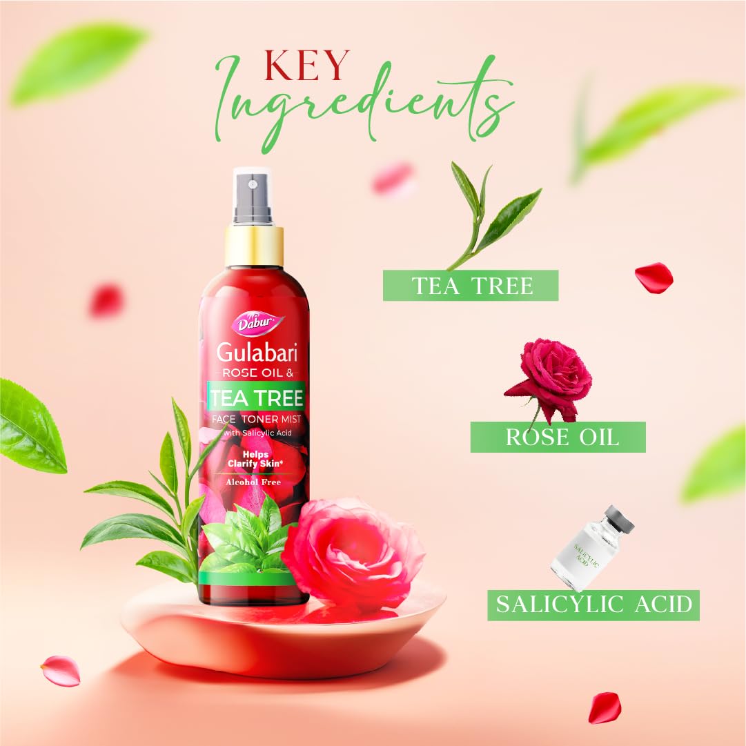 Dabur Gulabari Rose Oil & Tea Tree Face Toner Mist & Rosewater with Salicylic Acid - 100ml | Treats breakouts, blackheads, and whiteheads | Tightens and Refines Pores | Alcohol free
