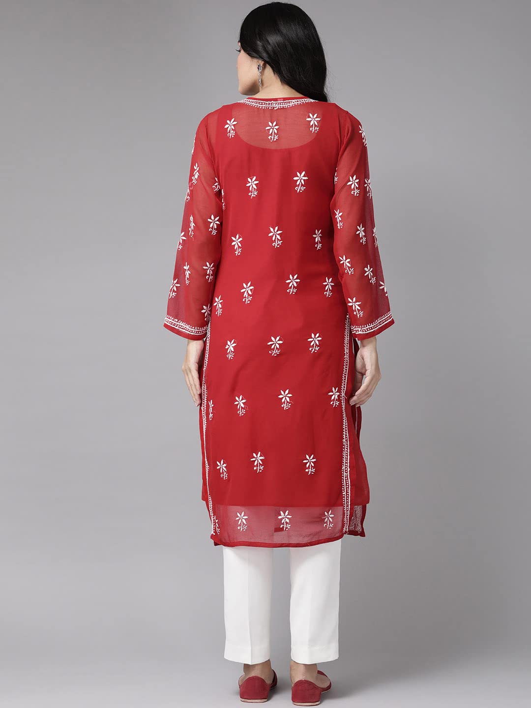 Ada Hand Embroidered Lucknowi Chikankari Women's  Faux Georgette Kurti Kurta with Slip A90361