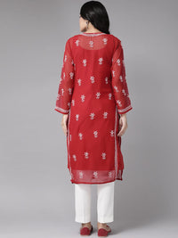 Ada Hand Embroidered Lucknowi Chikankari Women's  Faux Georgette Kurti Kurta with Slip A90361