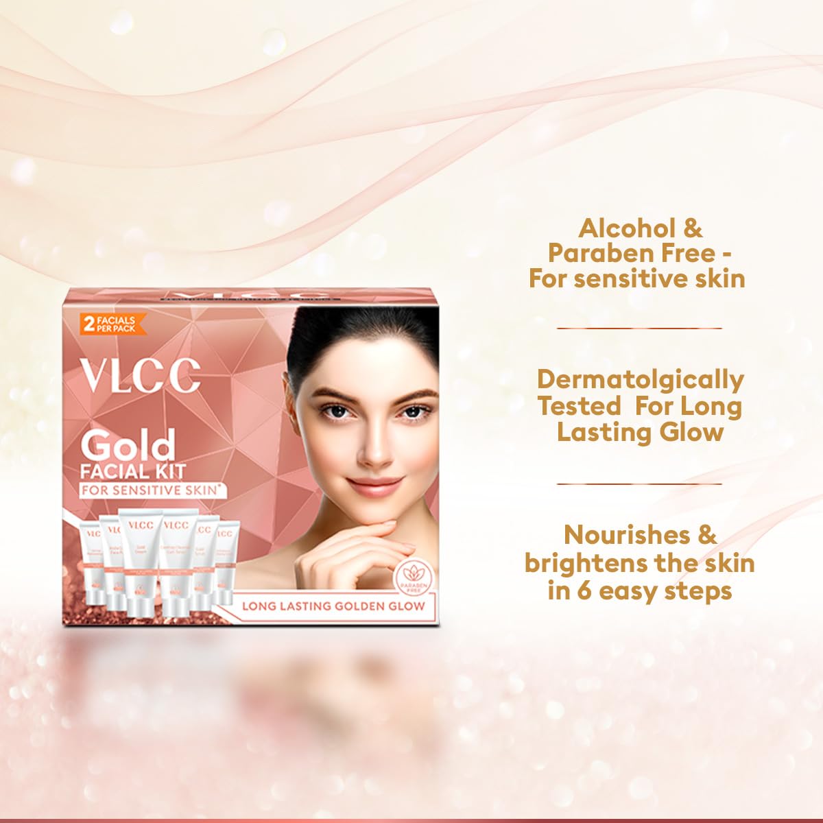 VLCC Gold Facial Kit for Sensitive Skin - 60g | Alcohol & Paraben Free | Enriched with 24K Gold, Hyaluronic Acid & Vitamin C | Safe & Gentle for Sensitive Skin