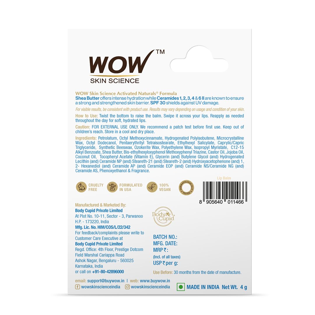 WOW Skin Science Shea Butter Nourishing Lip Balm with Ceramides – Hydrating Lip Balm for Dry, Chapped Lips | Strengthens Lip Skin Barrier | SPF 30 | 4g