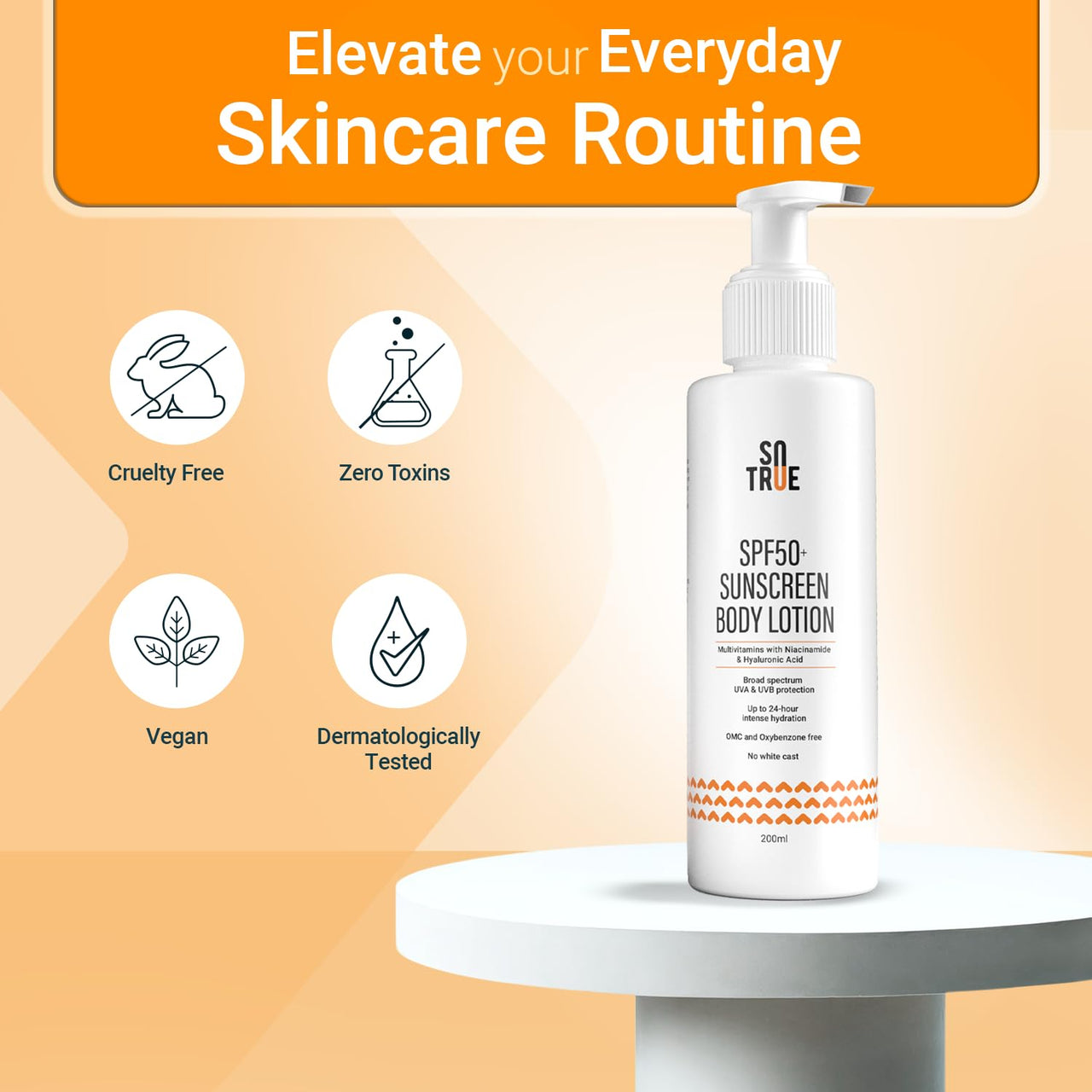 Sotrue SPF 50+ Sunscreen Body Lotion With UVA & UVB Protection, Upto 24-Hours Intense Hydration, Multivitamins with Niacinamide & Hyaluronic Acid, No White Cast, Lightweight, 200ML