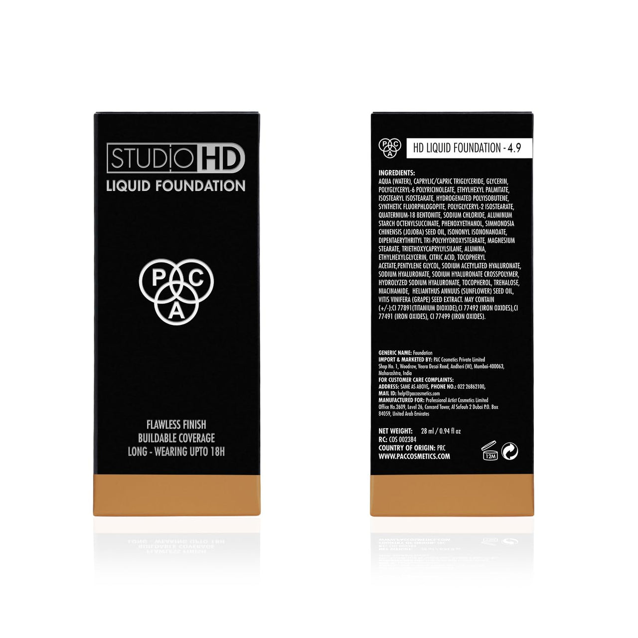 PAC Studio HD Liquid Foundation (4.9) | Lightweight Dewy Satin Finish | Medium to Buildable Coverage | Natural Second Skin like Finish | Suitable for all Skin Types - 28ml