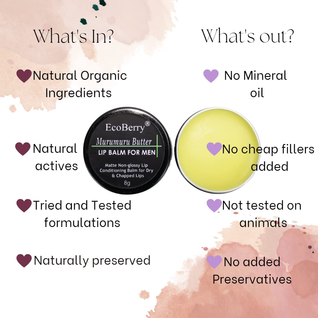 EcoBerry Murumuru Butter Lip Balm For Men Dry, Chapped Lips, Non-shiny Moisturizing, Conditioning, Natural SPF Enriched with Cocoa butter & Vitamin E, Mineral Oil Free, Preservative Free, Veg