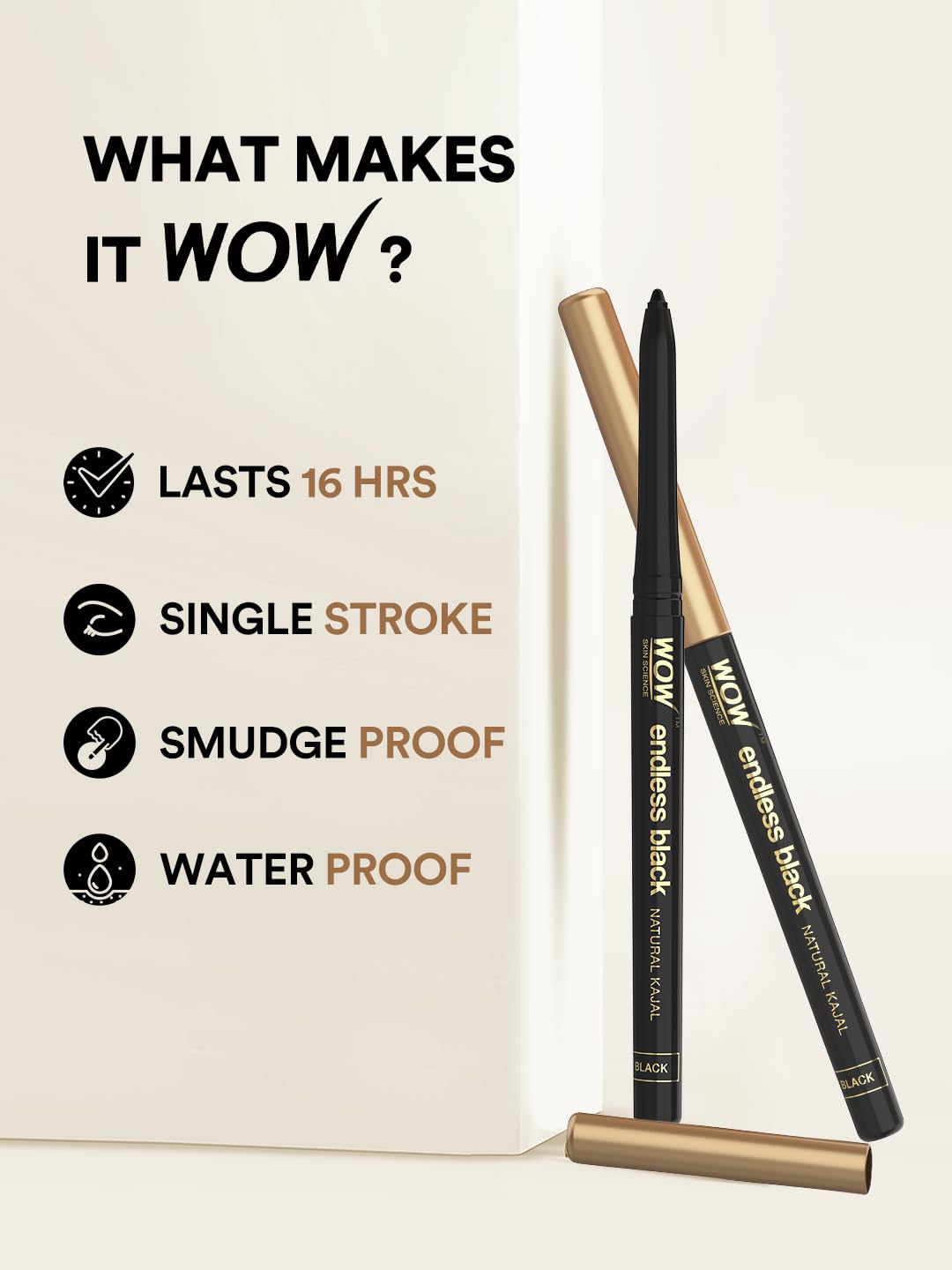 WOW Skin Science Endless Black Natural Kajal | Water Proof & Smudge Proof | Long Lasting Kajal Upto 16 long hours | No Parabens and Mineral Oils | Pack of 2