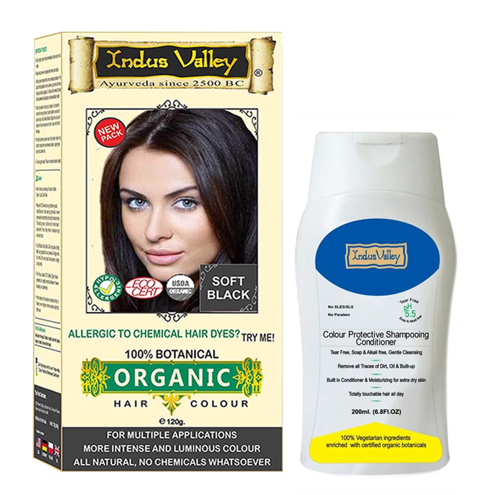 INDUS VALLEY Combo Kit For Styling & Hair Care| 100% Organic & Chemical Free Botanical Hair Color 120 g - Soft Black with 200ml Color Protective Shampoo & Conditioner (120g + 200 ml)