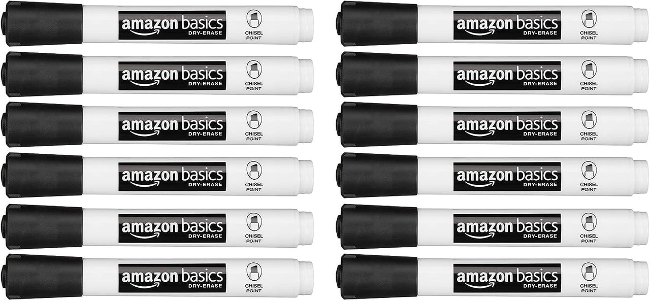 Basics 12-Pack Low-Odor Chisel Tip Dry Erase White Board Markers - Black 1 Count (Pack of 12)