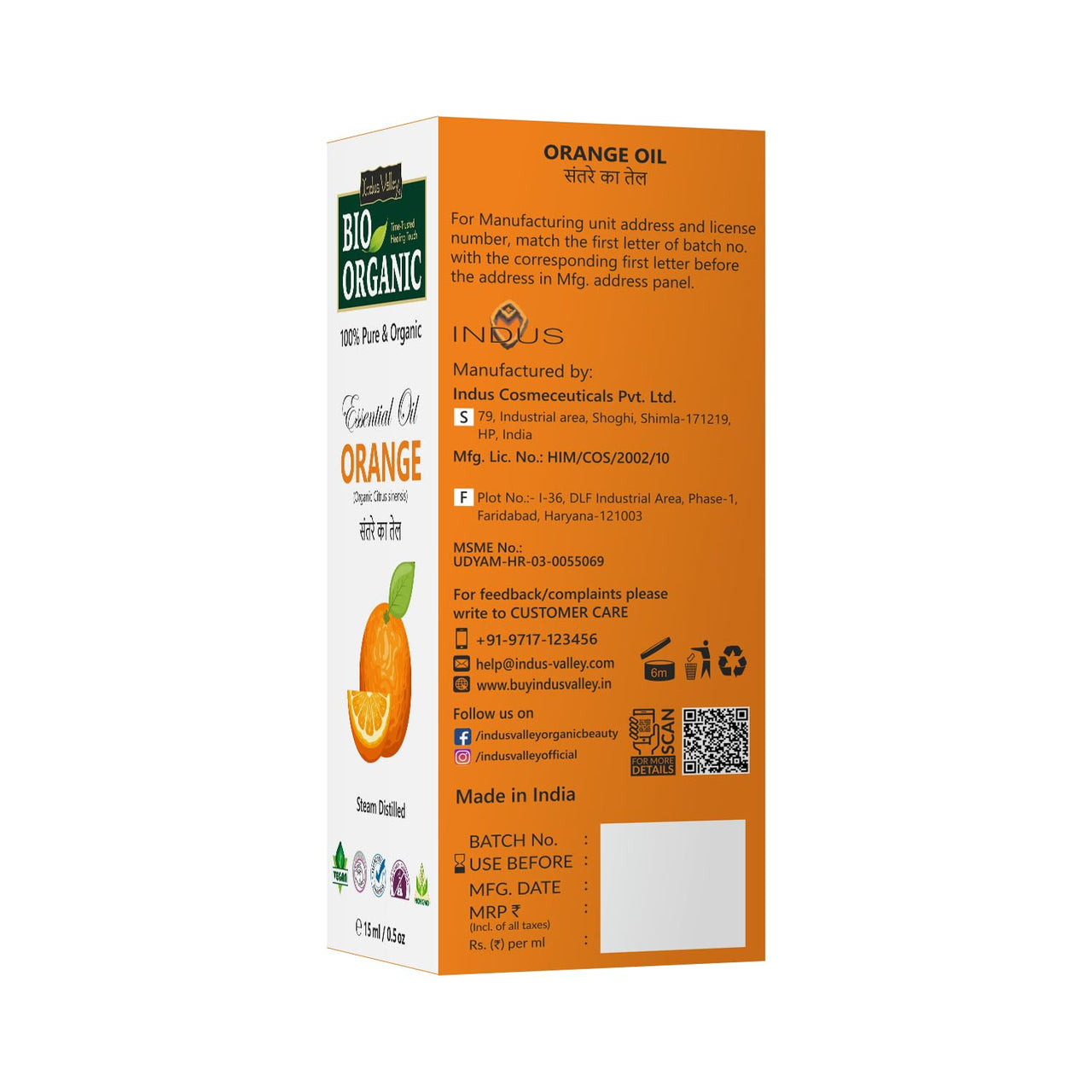 Indus Valley 100% Pure Natural & Organic, Undiluted Orange Essential Oil with Therapeutic Grade & Glass Dropper for Skin, Hair Care -15ml