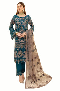 Miss Ethnik Women's  Faux Georgette Semi Stitched Top With Unstitched Santoon Bottom and Net Dupatta Embroidered Straight Top Dress Material (Pakistani Salwar Suit)