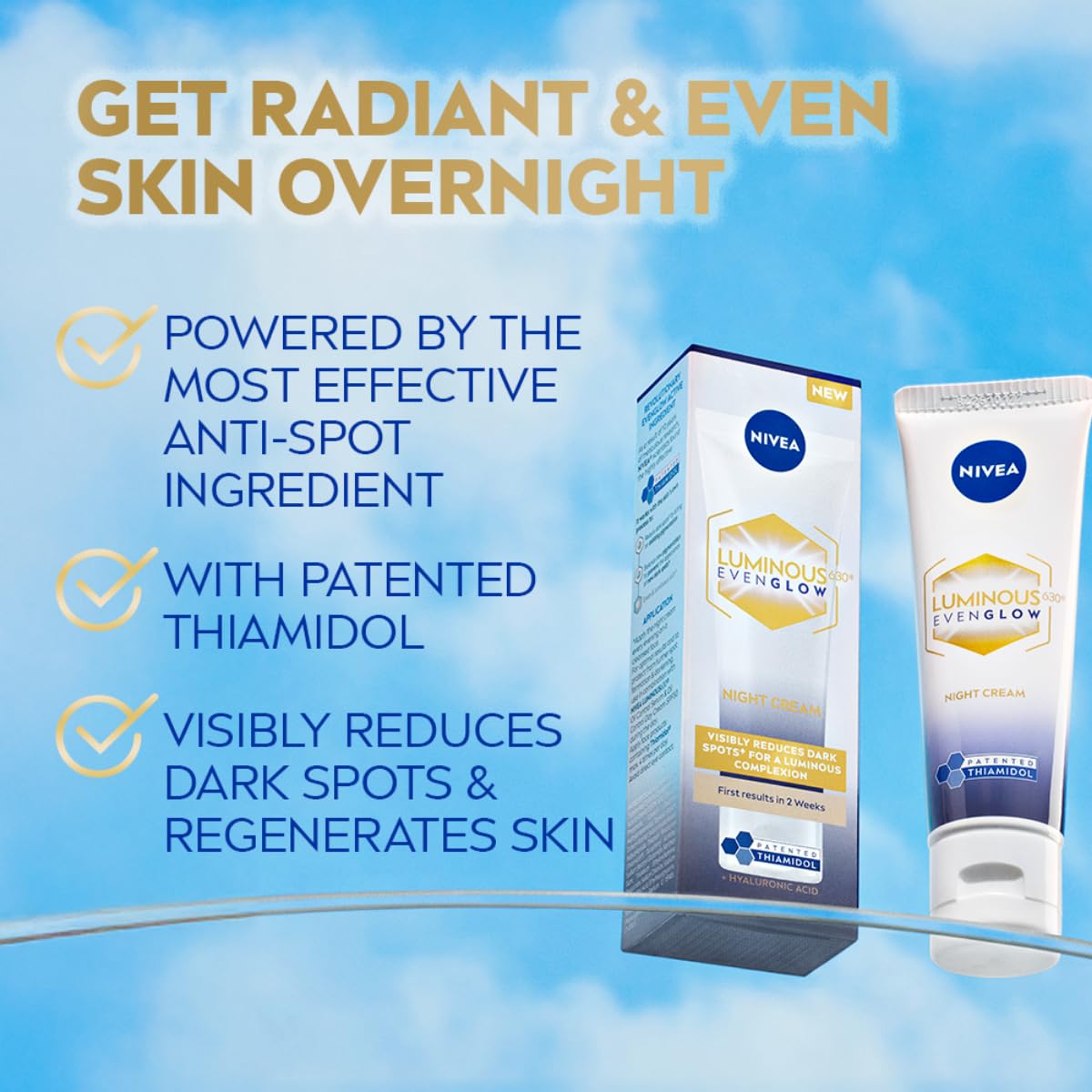 NIVEA Luminous Even Glow Night Cream with Thiamidol and Hyaluronic Acid for Dark Spots Reduction and Deep Moisturization, Even skin tone, Reduces dullness| 40ml