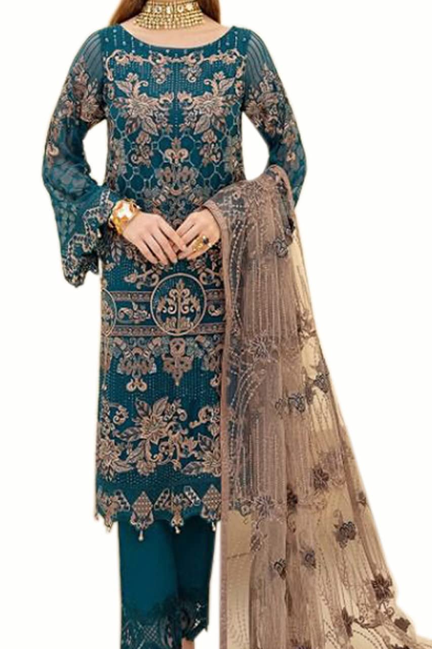 Miss Ethnik Women's  Faux Georgette Semi Stitched Top With Unstitched Santoon Bottom and Net Dupatta Embroidered Straight Top Dress Material (Pakistani Salwar Suit)