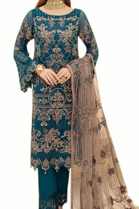 Miss Ethnik Women's  Faux Georgette Semi Stitched Top With Unstitched Santoon Bottom and Net Dupatta Embroidered Straight Top Dress Material (Pakistani Salwar Suit)