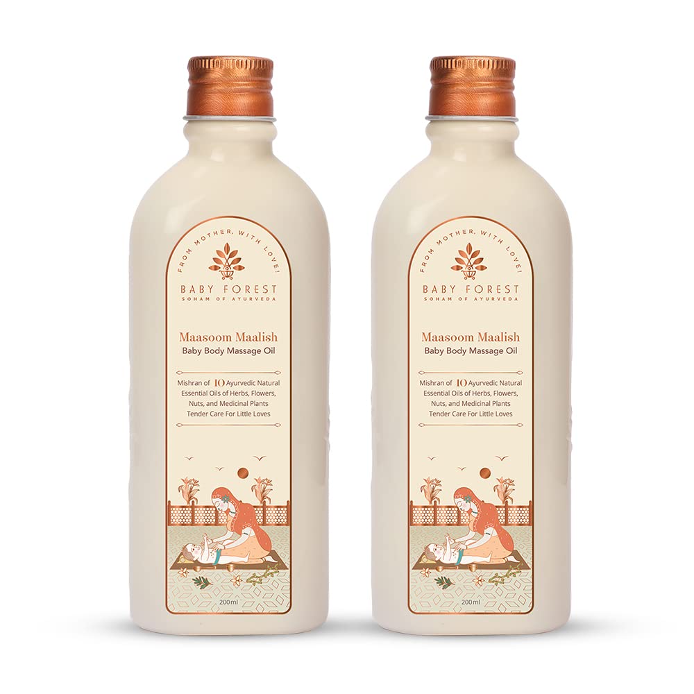 Baby Forest Maasoom Maalish Baby Body Massage Oil|10 Ayurvedic Essential Oils | Strengthens Muscles,Bones & Joints|Rosemary & Sesame Oil |Cruelty-free|Plant-based Formulation | Pack of 2 x 200 ml each