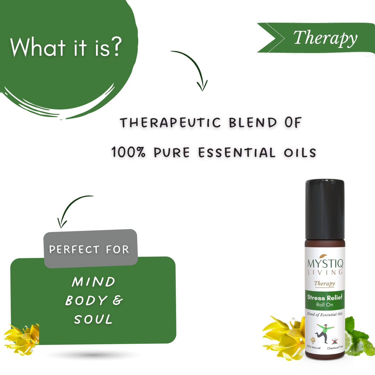 Mystiq Living Stress Relief Roll On for Instant Relief from Stress, Anxiety, Calms the mind, Aromatherapy | Blend of Essential Oils