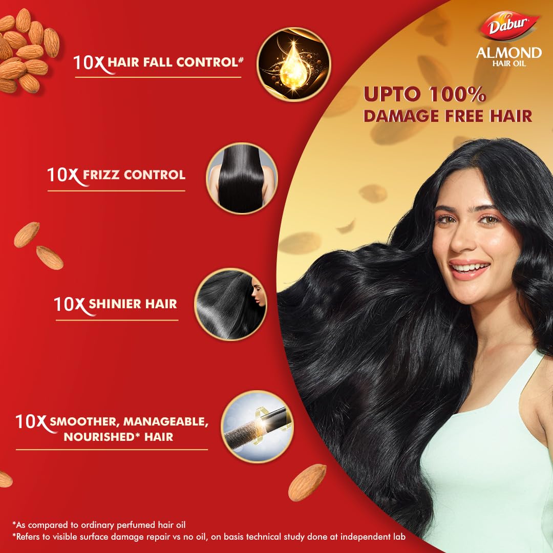 Dabur Almond Hair Oil - 500ml | Provides Damage Protection | Non Sticky Formula | For Soft & Shiny Hair | With Almonds, Keratin Protein, Soya Protein & 10X Vitamin E