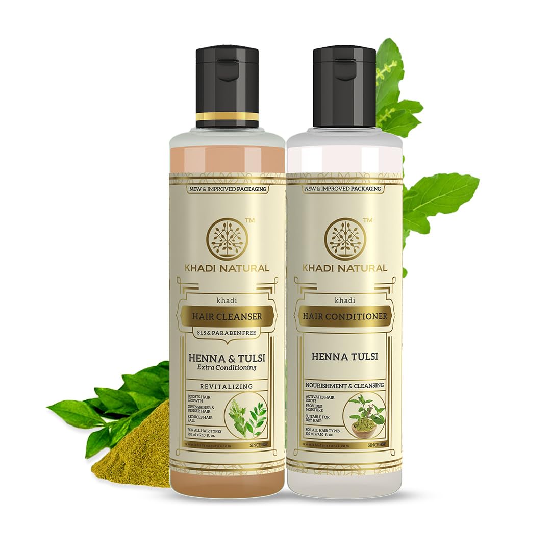 Khadi Natural Henna Tulsi Hair Cleanser & Conditioner | Moisturizes Dry Hair | Activates Roots & Adds Volume | Ideal for All Hair Types - (210ml x 2)