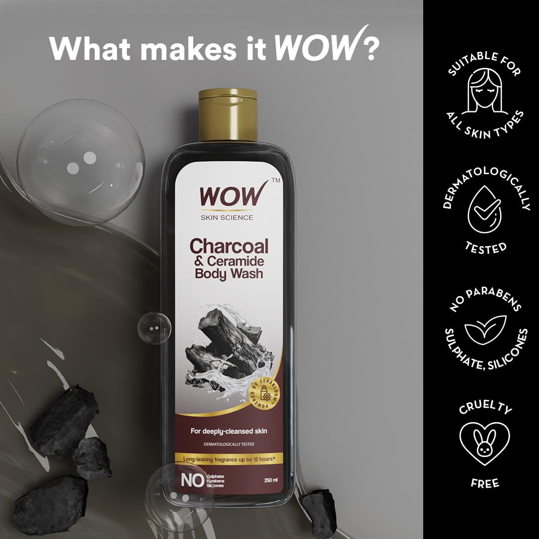 WOW Skin Science Charcoal & Ceramide Body Wash | Clears Skin Impurities | Removes Dirt & Dead Skin | Hydrates and Softens | Detoxifies Skin | Has Long lasting Fragrance | Powered by Cerabloom | 250ml