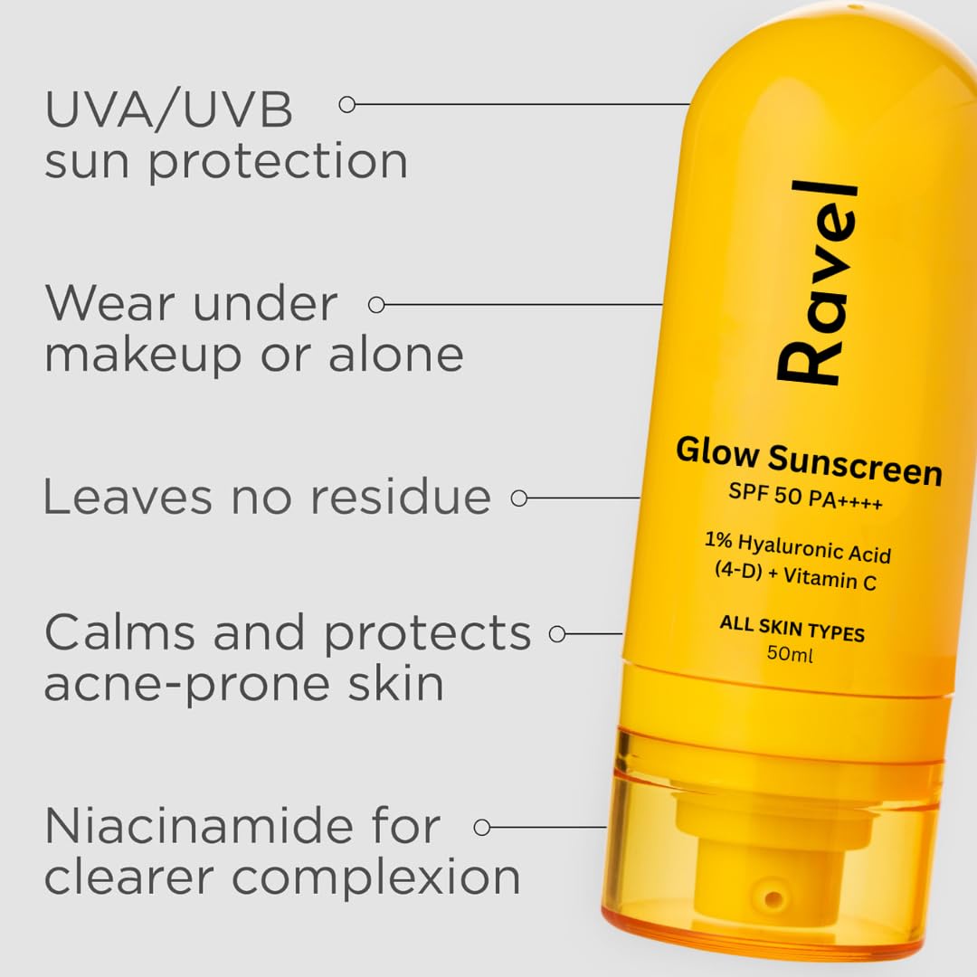 Ravel Ultra-Light Sunscreen SPF 50 for oily skin | 1% Hyaluronic + Vitamin C SPF 50 PA++++ | Sunscreen SPF 50 for combination skin | Blue Light Protection | Non-Greasy, No White Cast | 50ml for Dry & Acne-prone Skin