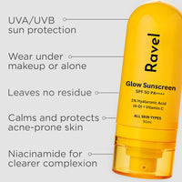 Ravel Ultra-Light Sunscreen SPF 50 for oily skin | 1% Hyaluronic + Vitamin C SPF 50 PA++++ | Sunscreen SPF 50 for combination skin | Blue Light Protection | Non-Greasy, No White Cast | 50ml for Dry & Acne-prone Skin