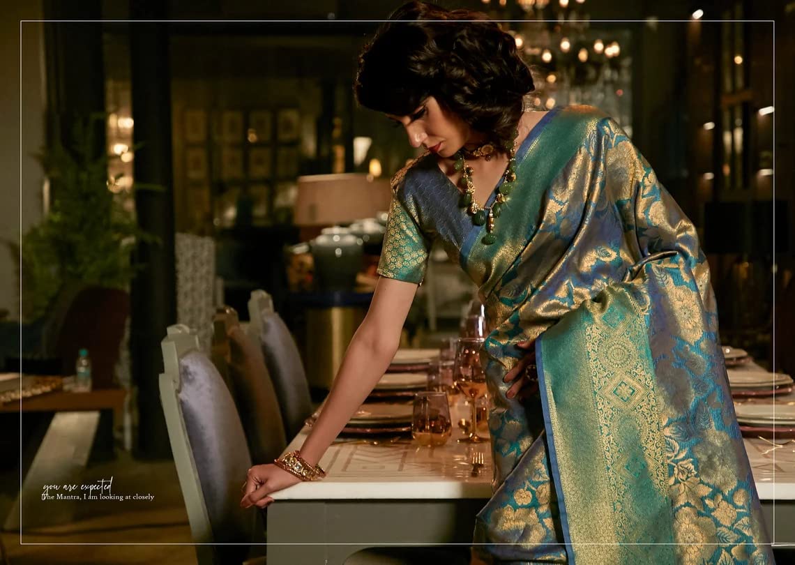 SGF11 Women's  Kanjivaram Pure Soft Silk Handloom Saree Pure Golden Zari With Blouse Piece Green 01