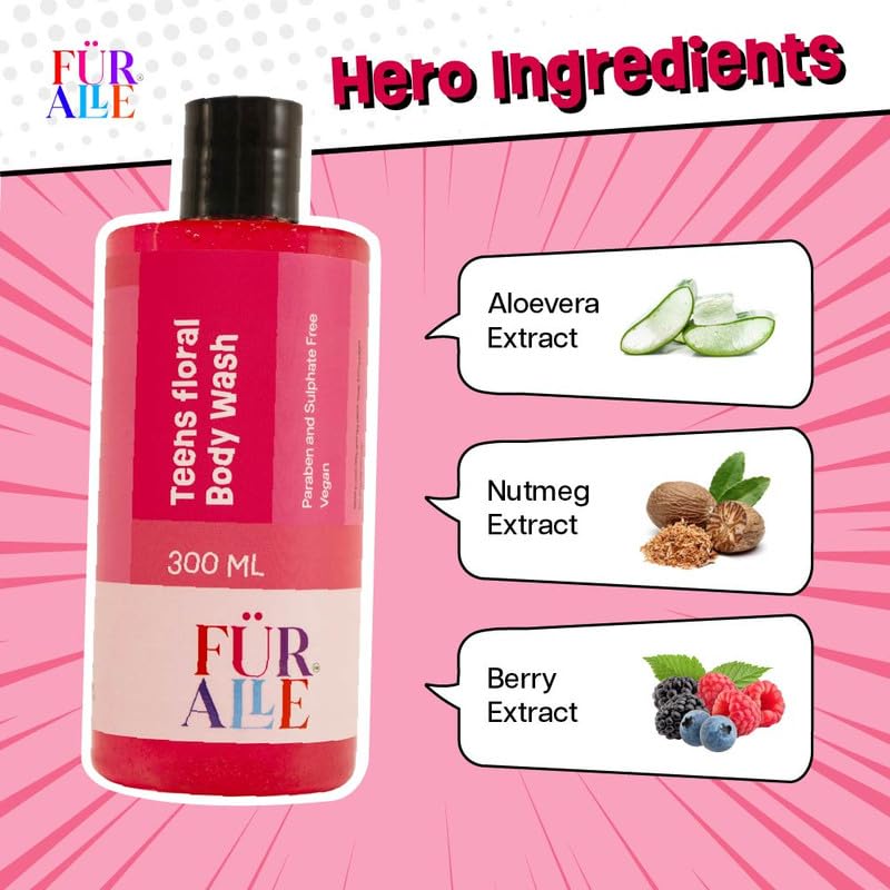 FurAlle Teens Floral Body Wash 300ml | Natural Bodywash with Aloe Vera, Oriental Lily, Nutmeg, Oats & Berry | Gentle & Natural Daily Shower Gel for Kids | Fresh, Refreshing Bodywash For Boys & Girls